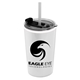 aerial view a translucent frost straw & clear-black lid & white cup sentinel 14 oz metallic tumbler with 2- in -1 flip and straw hole lid, image 1 of 2