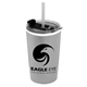 aerial view a translucent frost straw & clear-black lid & porcelain gray cup sentinel 14 oz metallic tumbler with 2- in -1 flip and straw hole lid, image 1 of 2
