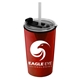 aerial view a translucent frost straw & clear-black lid & metallic red cup sentinel 14 oz metallic tumbler with 2- in -1 flip and straw hole lid, image 1 of 2
