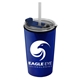 aerial view a translucent frost straw & clear-black lid & metallic blue cup sentinel 14 oz metallic tumbler with 2- in -1 flip and straw hole lid, image 1 of 2