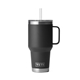 aerial view a black yeti rambler 35oz mug with straw lid, image 1 of 3