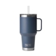 aerial view a navy yeti rambler 35oz mug with straw lid, image 1 of 3