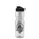 aerial view a clear bottle & black lid & translucent frost infuser basket champ bottle with infuser and flip lid - 28 oz, image 1 of 2