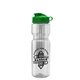 aerial view a clear bottle & green lid & translucent frost infuser basket champ bottle with infuser and flip lid - 28 oz, image 1 of 2