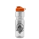 aerial view a clear bottle & orange lid & translucent frost infuser basket champ bottle with infuser and flip lid - 28 oz, image 1 of 2