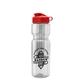 aerial view a clear bottle & red lid & translucent frost infuser basket champ bottle with infuser and flip lid - 28 oz, image 1 of 2