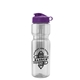 aerial view a clear bottle & violet lid & translucent frost infuser basket champ bottle with infuser and flip lid - 28 oz, image 1 of 2