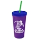 a violet cup & translucent blue lid & translucent green straw promotional personalized 24 oz stadium plastic tumbler cup with straw and lid