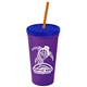 a violet cup & translucent blue lid & translucent orange straw promotional personalized 24 oz stadium plastic tumbler cup with straw and lid