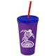 a violet cup & translucent blue lid & translucent red straw promotional personalized 24 oz stadium plastic tumbler cup with straw and lid