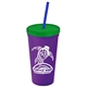 a violet cup & translucent green lid & translucent blue straw promotional personalized 24 oz stadium plastic tumbler cup with straw and lid