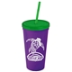 a violet cup & translucent green lid & translucent green straw promotional personalized 24 oz stadium plastic tumbler cup with straw and lid