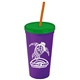 a violet cup & translucent green lid & translucent orange straw promotional personalized 24 oz stadium plastic tumbler cup with straw and lid