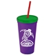 a violet cup & translucent green lid & translucent red straw promotional personalized 24 oz stadium plastic tumbler cup with straw and lid