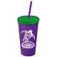 a violet cup & translucent green lid & translucent violet straw promotional personalized 24 oz stadium plastic tumbler cup with straw and lid