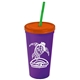 a violet cup & translucent orange lid & translucent green straw promotional personalized 24 oz stadium plastic tumbler cup with straw and lid