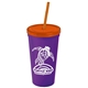 a violet cup & translucent orange lid & translucent orange straw promotional personalized 24 oz stadium plastic tumbler cup with straw and lid
