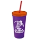 a violet cup & translucent orange lid & translucent red straw promotional personalized 24 oz stadium plastic tumbler cup with straw and lid