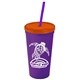 a violet cup & translucent orange lid & translucent violet straw promotional personalized 24 oz stadium plastic tumbler cup with straw and lid