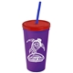 a violet cup & translucent red lid & translucent blue straw promotional personalized 24 oz stadium plastic tumbler cup with straw and lid
