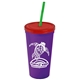 a violet cup & translucent red lid & translucent green straw promotional personalized 24 oz stadium plastic tumbler cup with straw and lid