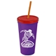 a violet cup & translucent red lid & translucent orange straw promotional personalized 24 oz stadium plastic tumbler cup with straw and lid