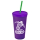 a violet cup & translucent violet lid & translucent green straw promotional personalized 24 oz stadium plastic tumbler cup with straw and lid