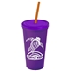 a violet cup & translucent violet lid & translucent orange straw promotional personalized 24 oz stadium plastic tumbler cup with straw and lid