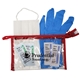 aerial view a red hospitality essentials kit with face mask and sanitizer, image 1 of 2