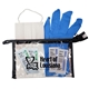 aerial view a black hospitality essentials kit with face mask and sanitizer, image 1 of 2