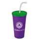 a translucent green lid & violet cup 24 oz stadium tumbler cup with flex straw and lid