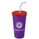 a translucent red lid & violet cup 24 oz stadium tumbler cup with flex straw and lid