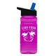 a black-with-blue-spout lid & transparent hot pink bottle 20 oz upcycle rpetbottle flip straw lid