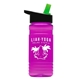 a black-with-green-spout lid & transparent hot pink bottle 20 oz upcycle rpetbottle flip straw lid