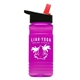 a black-with-red-spout lid & transparent hot pink bottle 20 oz upcycle rpetbottle flip straw lid