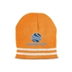 aerial view a neon orange reflective knit beanie, image 1 of 2
