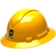 a yellow full brim hard hat