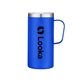 aerial view a blue 20 oz double wall, stainless steel camping mug, image 1 of 3