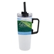 aerial view a white 28 oz straight wall revolution mug, full color digital, image 1 of 3