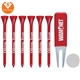 aerial view a assorted tee & assorted ball marker & assorted golf tool 6 tall golf tees /1 rubberized stainless golf tool /1 ball marker packaged, image 1 of 2