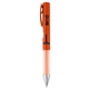 aerial view a metallic orange fidget pen with stress relief mechanism, image 1 of 2