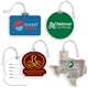 a group of full color shaped bag tag w / clear loop