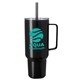 aerial view a black koozie(r) big vacuum recycled tumbler mug with straw -40 oz, image 1 of 5