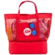 aerial view a red 2 in 1 striped mesh beach bag cooler, image 1 of 2