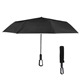 aerial view a black with black underside and reflective trim 46 arc reflective umbrella with carabiner handle, image 1 of 2