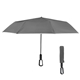aerial view a gray with black underside and reflective trim 46 arc reflective umbrella with carabiner handle, image 1 of 2