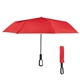 aerial view a red with black underside and reflective trim 46 arc reflective umbrella with carabiner handle, image 1 of 2