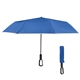 aerial view a royal blue with black underside and reflective trim 46 arc reflective umbrella with carabiner handle, image 1 of 2
