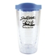 aerial view a aqua blue lid & clear tumbler 16 oz double wall acrylic orbit tumbler, image 1 of 3