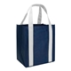a navy blue/white grande reusable tote with reinforced handles